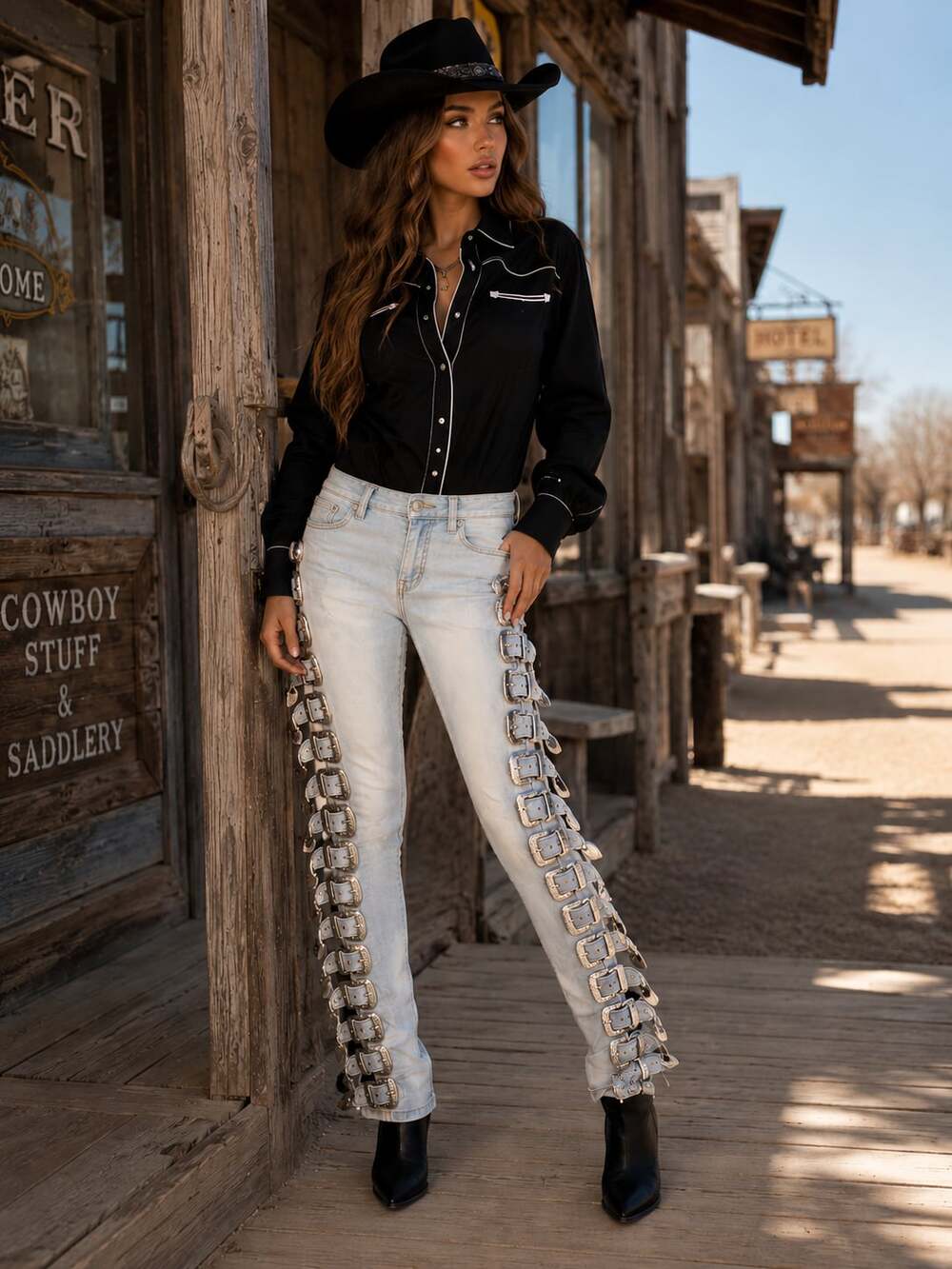 Akira Western-Style Side Buckle Embellished Skinny Jeans